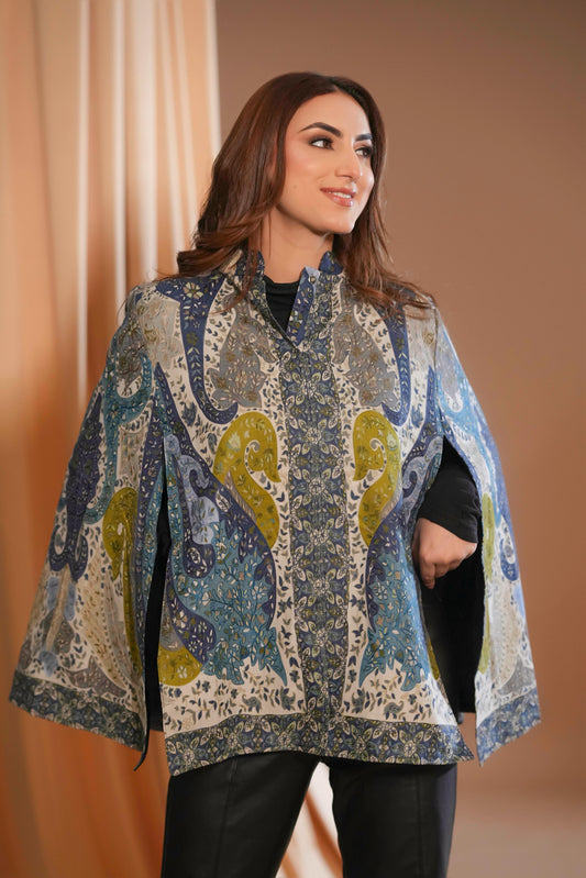 Royal Paisley Heritage Cape in Blue & Olive