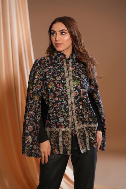 Midnight Bloom Hand-Embroidered Pashmina Cape