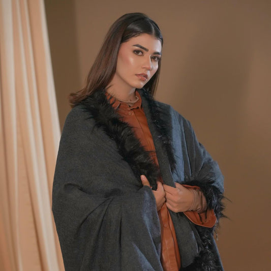 Shawl for WomenCharcoal Faux Fur Trim Shawl – Bold Warmth with Luxe Edge