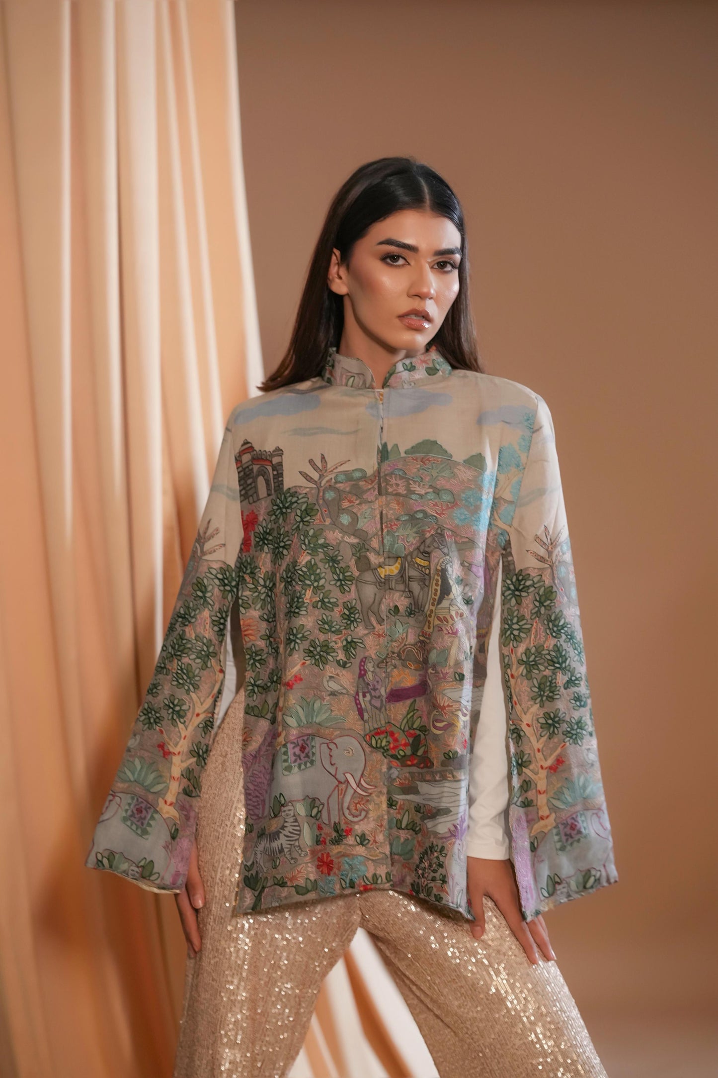 Heritage Tapestry Cape with Sequin Elegance