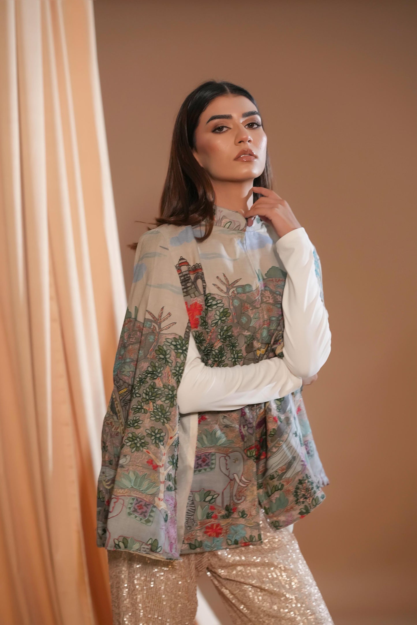 Heritage Tapestry Cape with Sequin Elegance