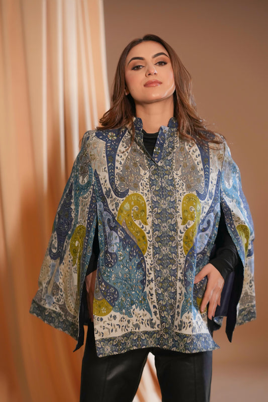 Royal Paisley Heritage Cape in Blue & Olive