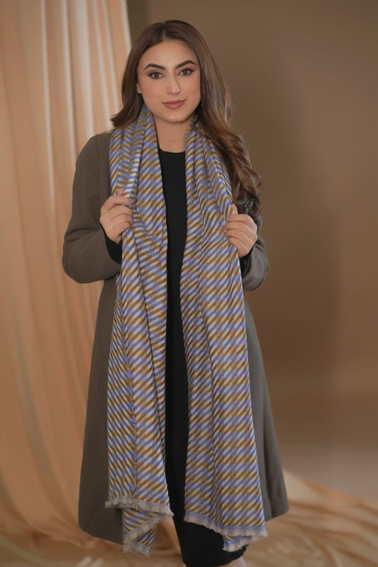 Blue & Beige Chevron Pattern Winter Stole with Soft Fringe