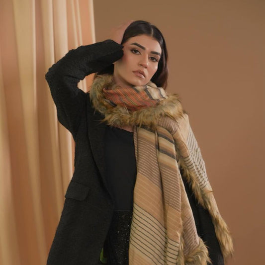 Winter Luxe Striped Shawl with Faux Fur Trim